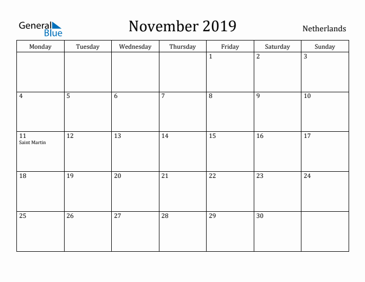 November 2019 Calendar The Netherlands