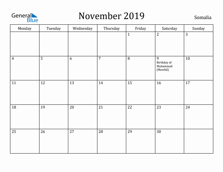 November 2019 Calendar Somalia