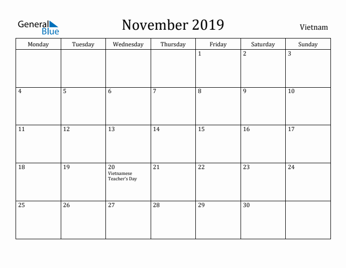 November 2019 Calendar Vietnam