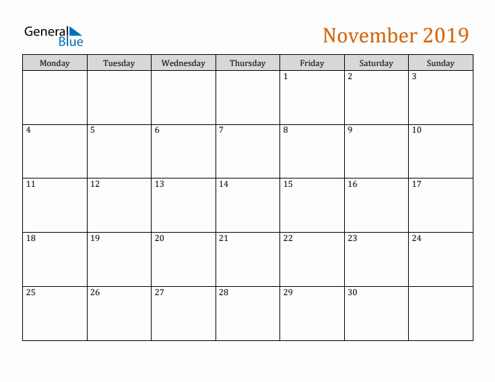 Editable November 2019 Calendar