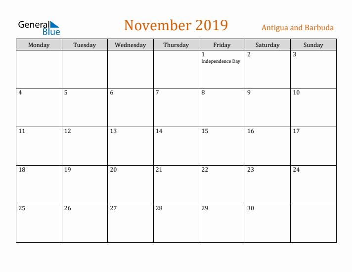 November 2019 Holiday Calendar with Monday Start