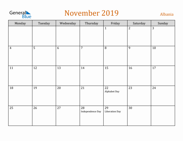 November 2019 Holiday Calendar with Monday Start