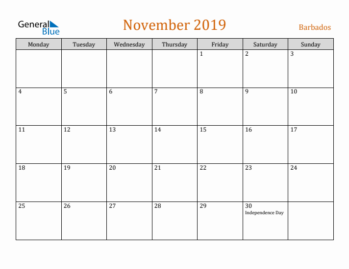 November 2019 Holiday Calendar with Monday Start