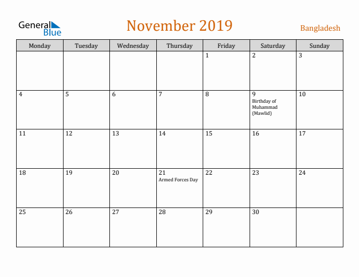 November 2019 Holiday Calendar with Monday Start