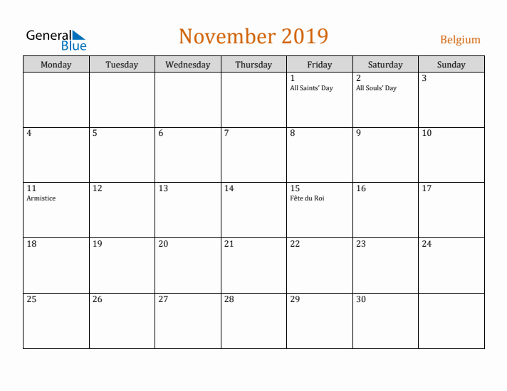 November 2019 Holiday Calendar with Monday Start