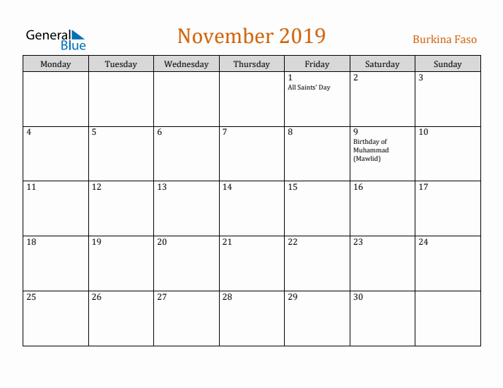 November 2019 Holiday Calendar with Monday Start