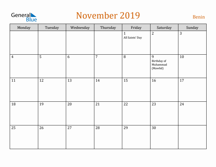 November 2019 Holiday Calendar with Monday Start