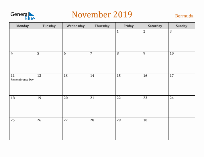 November 2019 Holiday Calendar with Monday Start