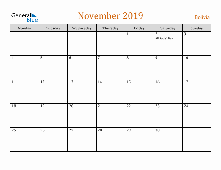 November 2019 Holiday Calendar with Monday Start