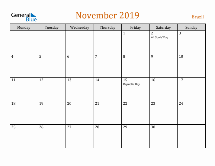 November 2019 Holiday Calendar with Monday Start