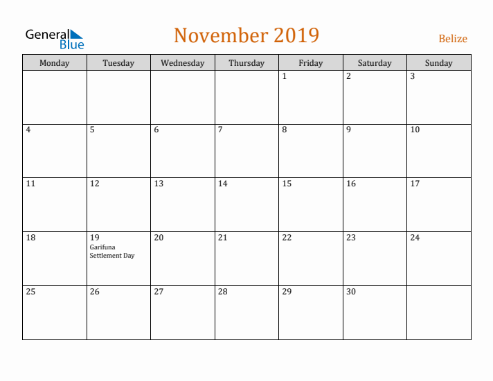 November 2019 Holiday Calendar with Monday Start