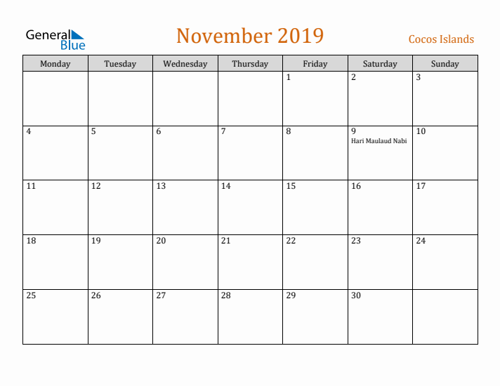 November 2019 Holiday Calendar with Monday Start