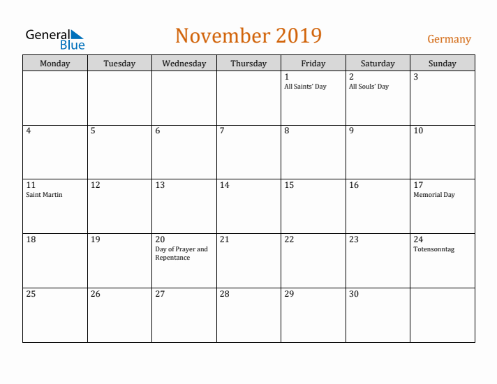 November 2019 Holiday Calendar with Monday Start