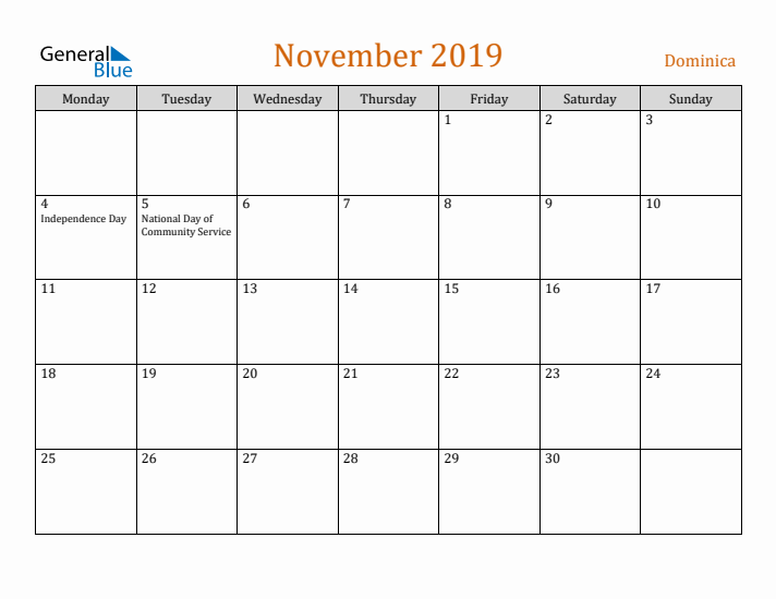 November 2019 Holiday Calendar with Monday Start