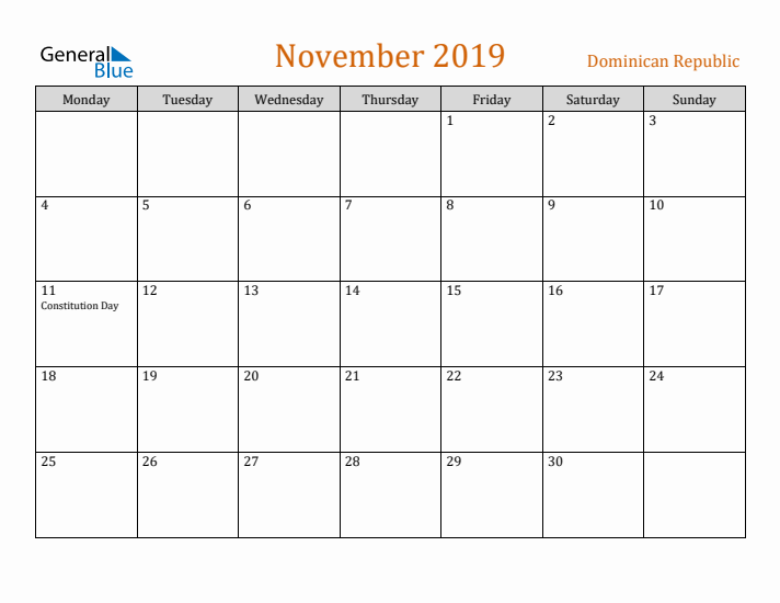 November 2019 Holiday Calendar with Monday Start