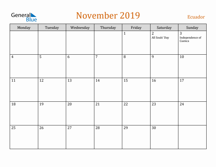 November 2019 Holiday Calendar with Monday Start