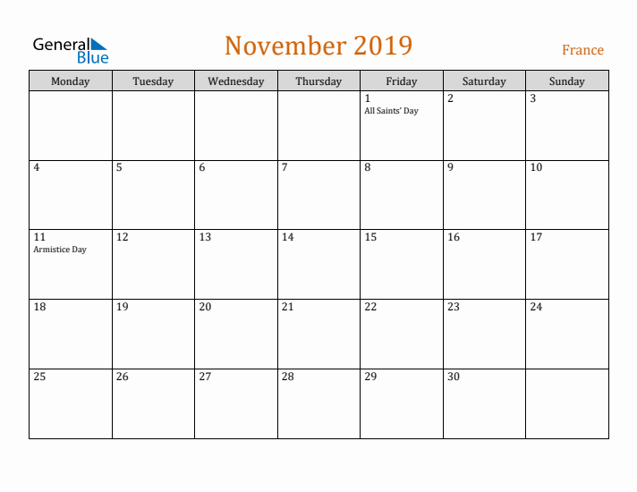 November 2019 Holiday Calendar with Monday Start