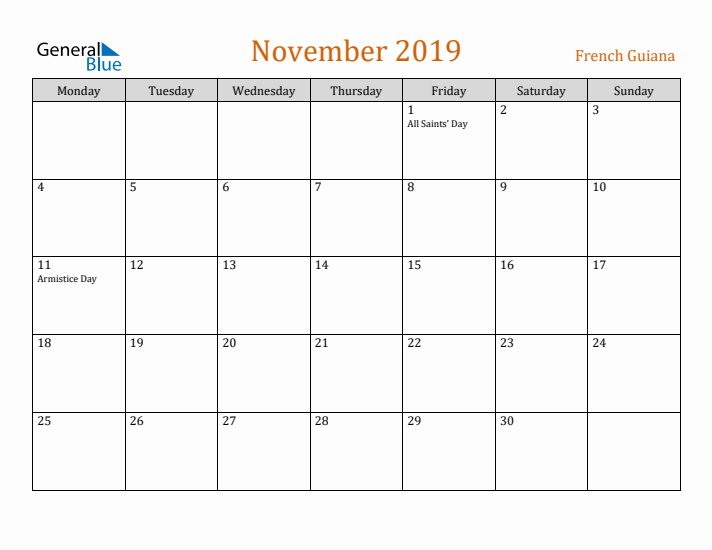 November 2019 Holiday Calendar with Monday Start