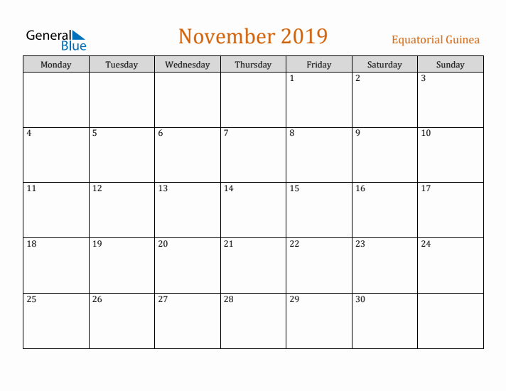 November 2019 Holiday Calendar with Monday Start