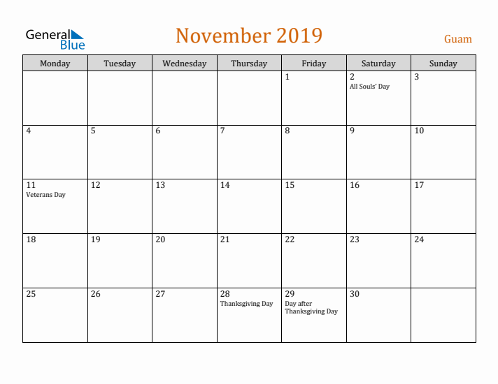 November 2019 Holiday Calendar with Monday Start