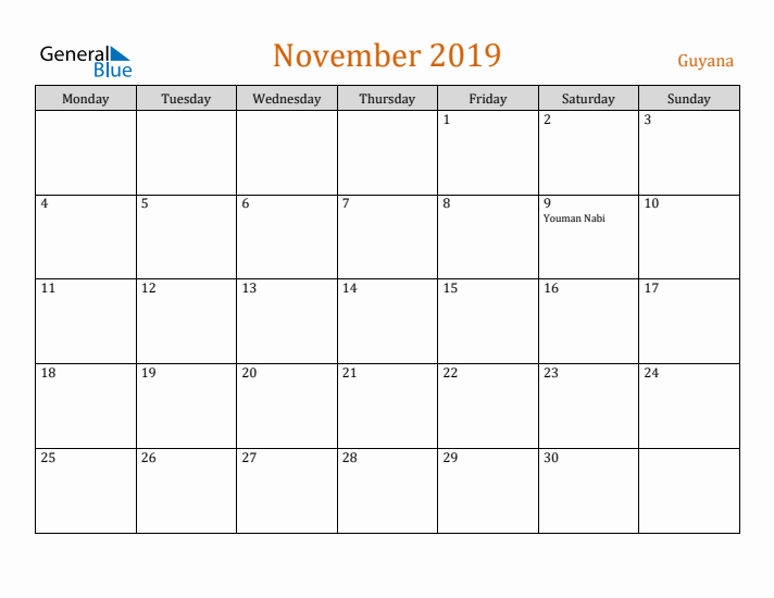 November 2019 Holiday Calendar with Monday Start