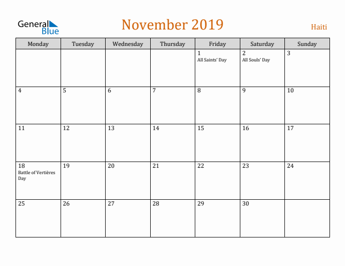 November 2019 Holiday Calendar with Monday Start