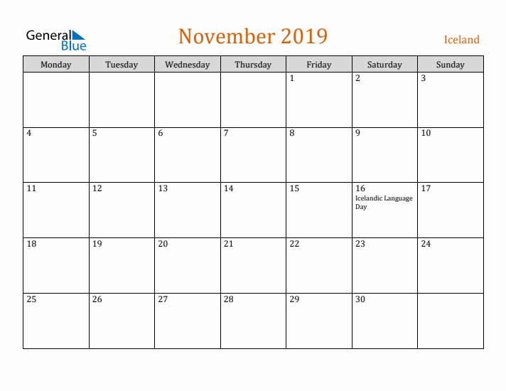 November 2019 Holiday Calendar with Monday Start