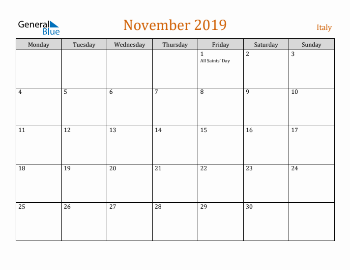 November 2019 Holiday Calendar with Monday Start