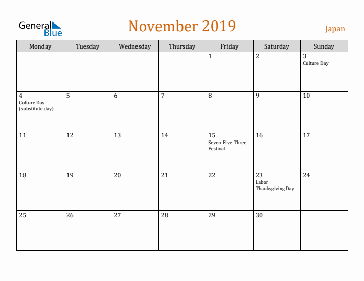 November 2019 Holiday Calendar with Monday Start