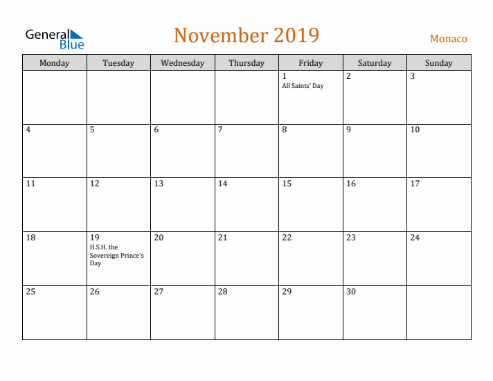 November 2019 Holiday Calendar with Monday Start