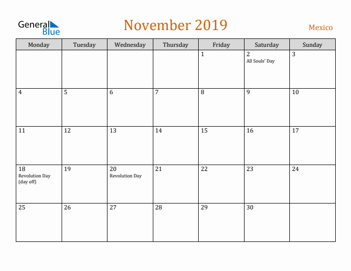 November 2019 Holiday Calendar with Monday Start