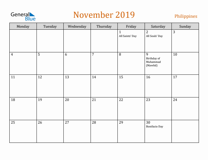 November 2019 Holiday Calendar with Monday Start