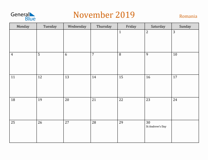 November 2019 Holiday Calendar with Monday Start