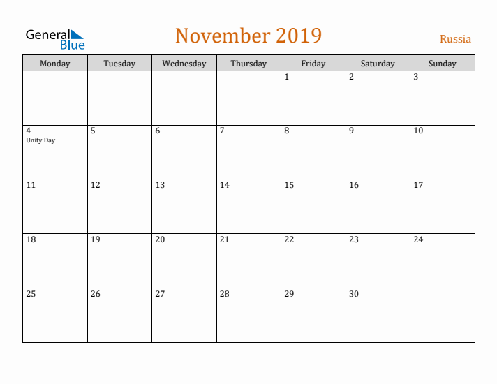 November 2019 Holiday Calendar with Monday Start