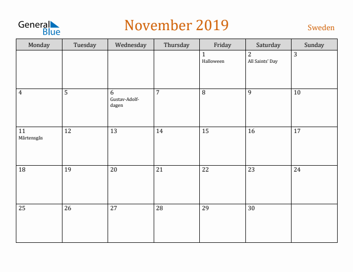 November 2019 Holiday Calendar with Monday Start