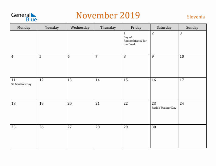 November 2019 Holiday Calendar with Monday Start