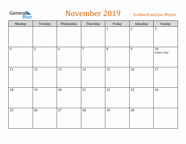 November 2019 Holiday Calendar with Monday Start