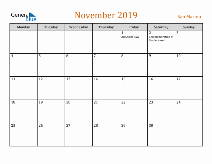 November 2019 Holiday Calendar with Monday Start