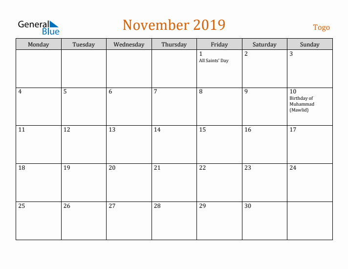 November 2019 Holiday Calendar with Monday Start