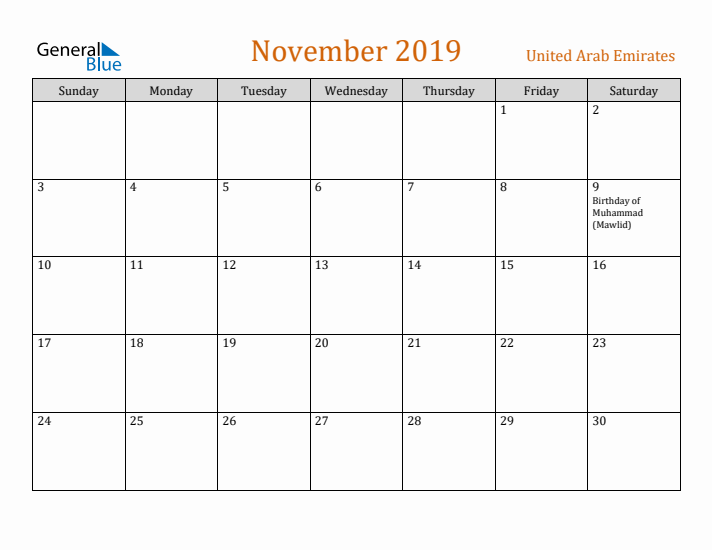 November 2019 Holiday Calendar with Sunday Start