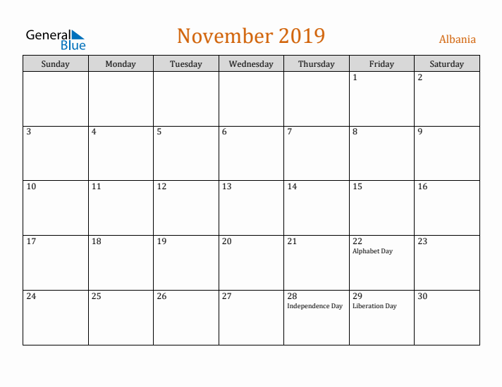 November 2019 Holiday Calendar with Sunday Start