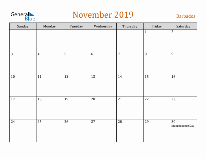 November 2019 Holiday Calendar with Sunday Start