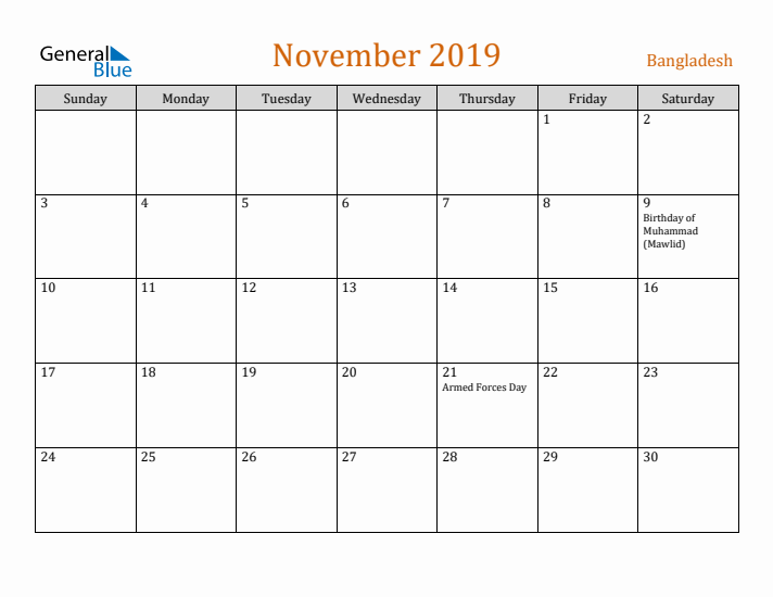 November 2019 Holiday Calendar with Sunday Start