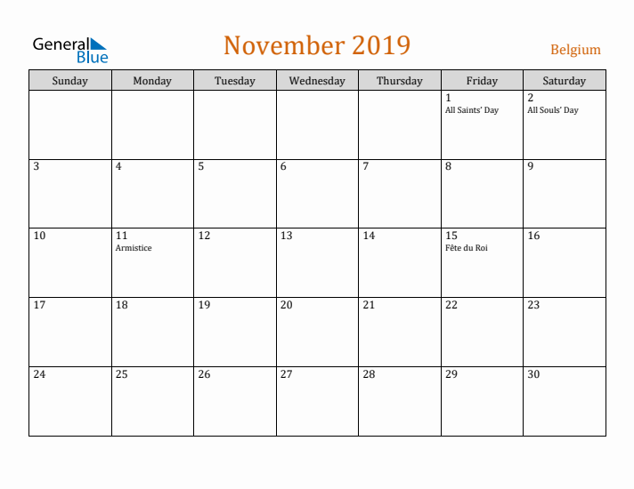 November 2019 Holiday Calendar with Sunday Start