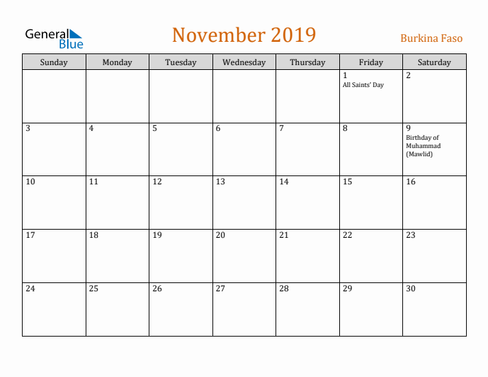 November 2019 Holiday Calendar with Sunday Start