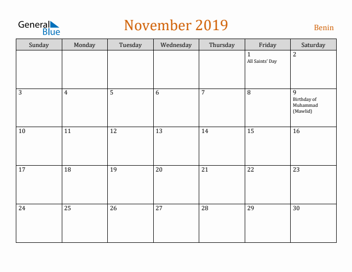 November 2019 Holiday Calendar with Sunday Start