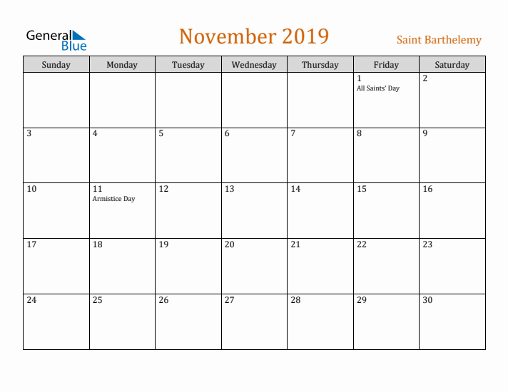 November 2019 Holiday Calendar with Sunday Start