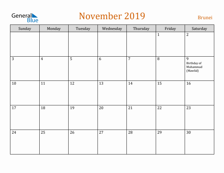 November 2019 Holiday Calendar with Sunday Start