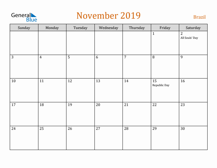 November 2019 Holiday Calendar with Sunday Start