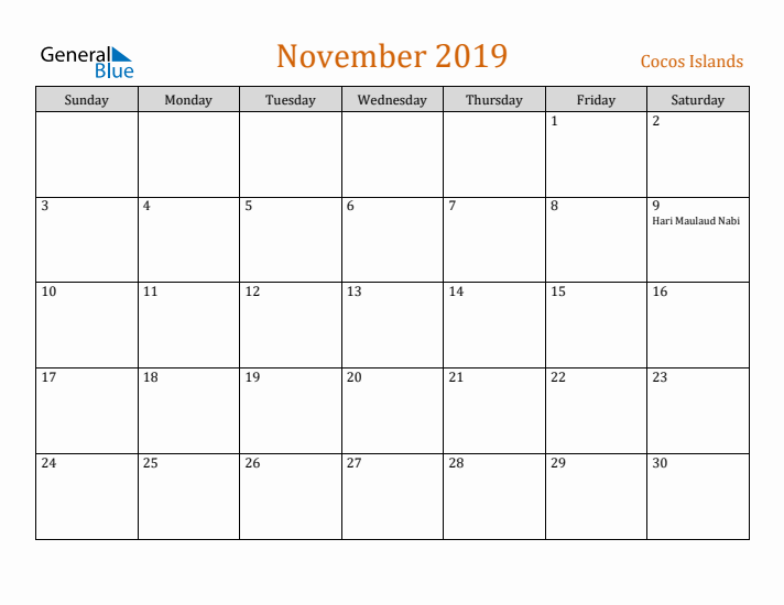 November 2019 Holiday Calendar with Sunday Start